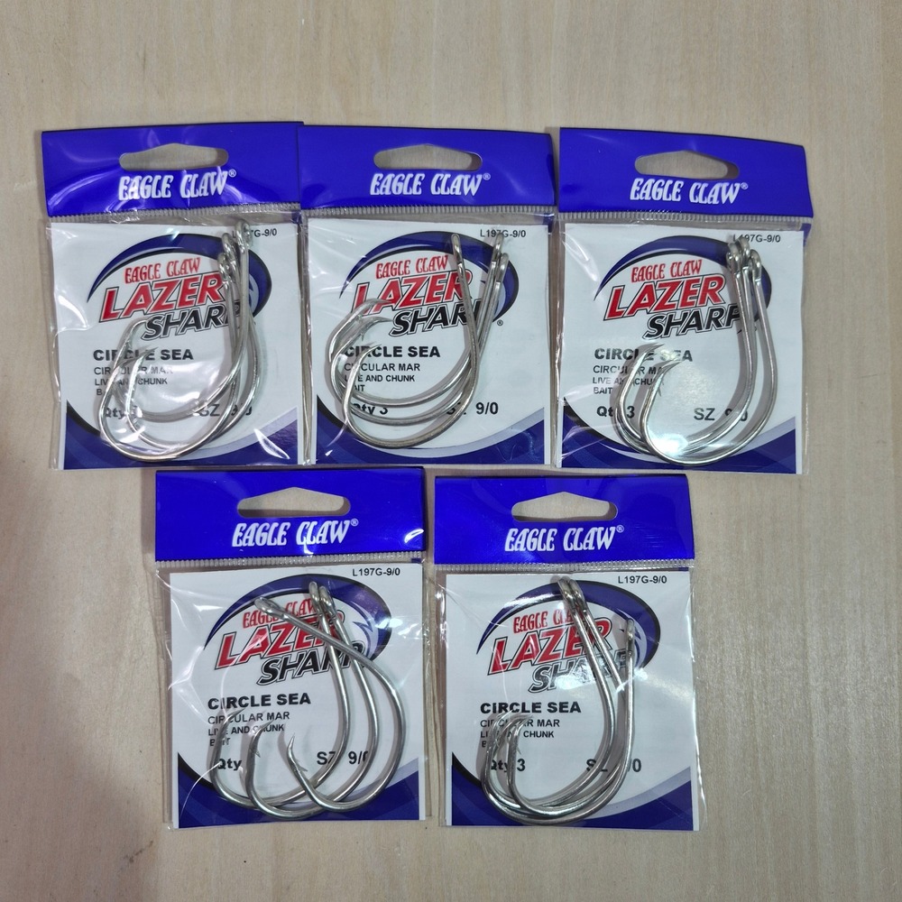 5 Pack Eagle Claw Lazer Sharp Circle Sea Hooks L197G-9/0 Size 9/0 15 Hooks Total